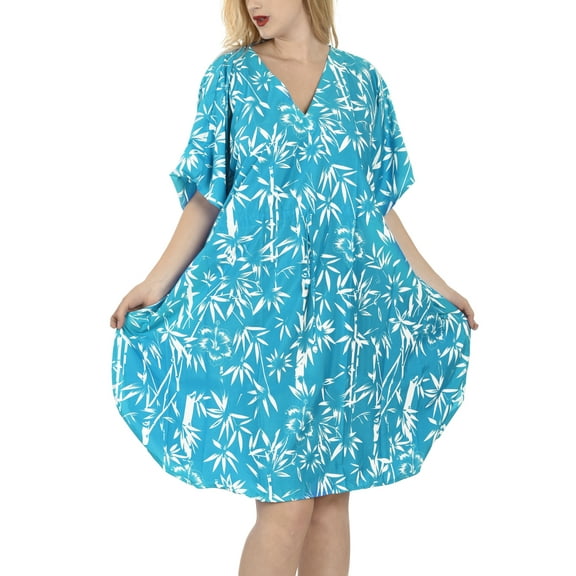 HAPPY BAY Women's Summer Loungewear Relaxed Fit Caftan Mini Casual Sundress 2X-3X Cobalt, Palm Tree
