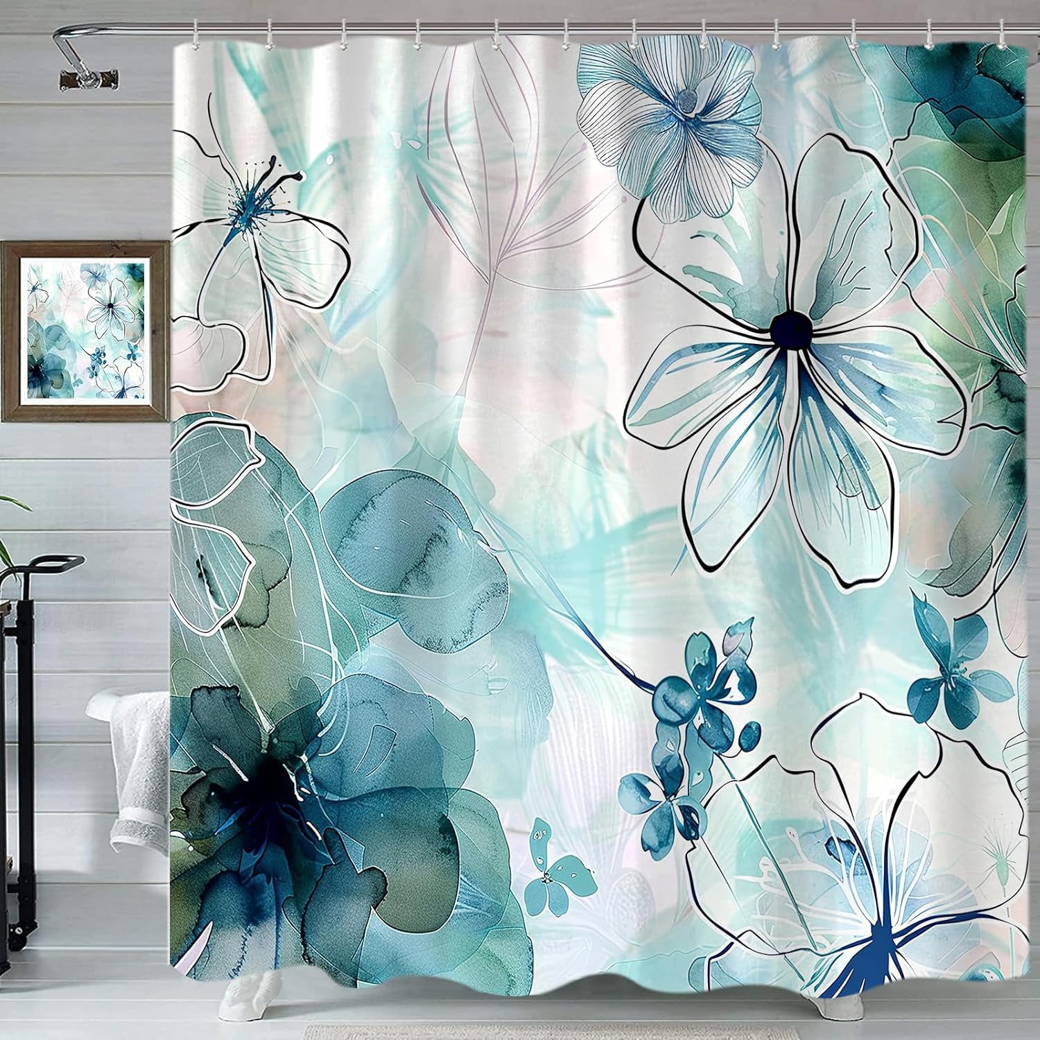 Teal Floral Shower Curtain, Boho Emerald Sage Olive Green Blue Abstract Flowers Art Cute Fabric Shower Curtains Set for Bathroom Decorative with Hooks Spring Bath Decor 60"W x 72"L (Pack of 1)