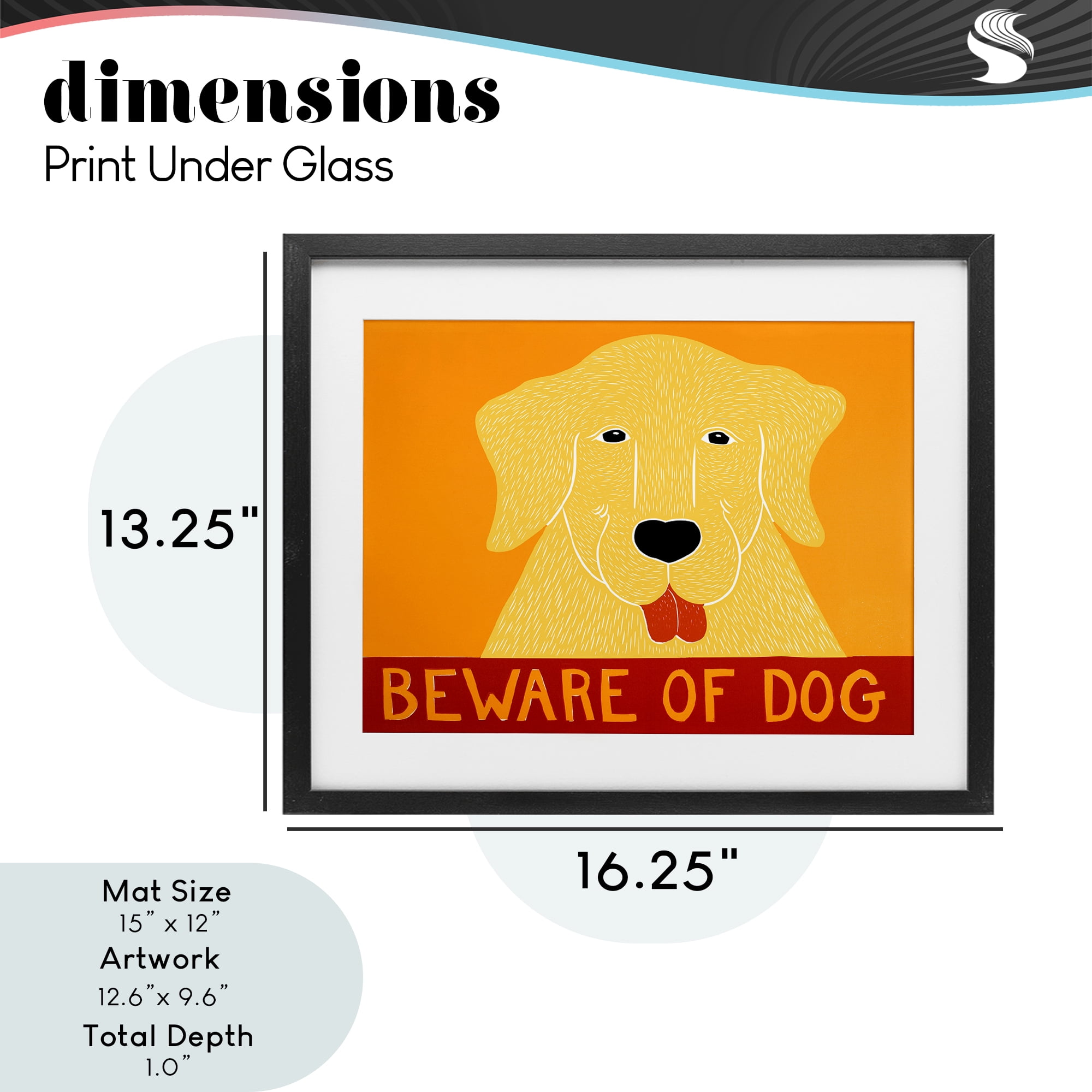 Beware Of Dog Yellow & Red Black Framed Print Under Glass, design by Stephen Huneck