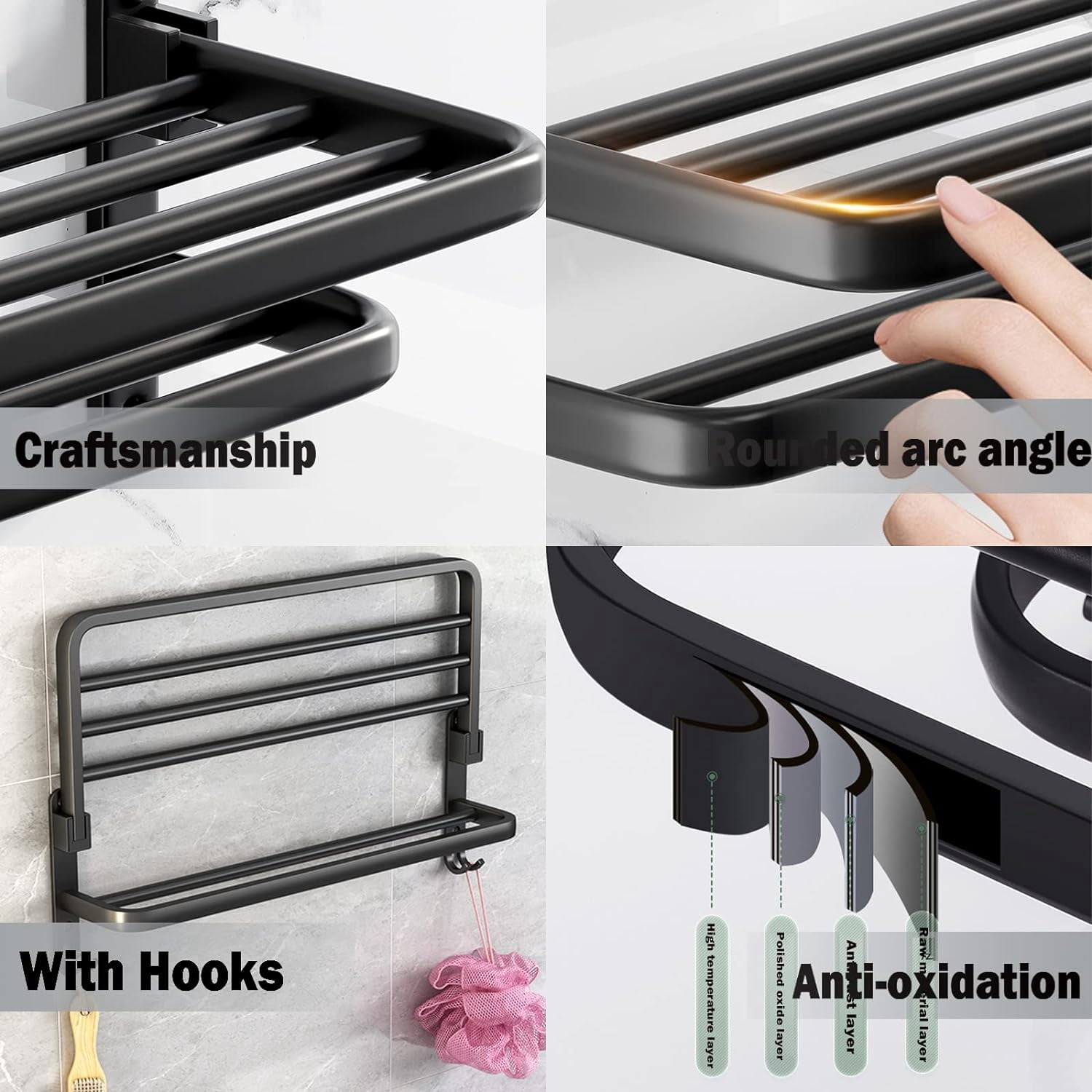 Towel Rack for Bathroom with Towel Bar, 24in Bathroom Towel Holder for Bathroom Wall Mounted, Dinosam Foldable Bathroom Towel Rack with 1 Shelf Black Towel Bar