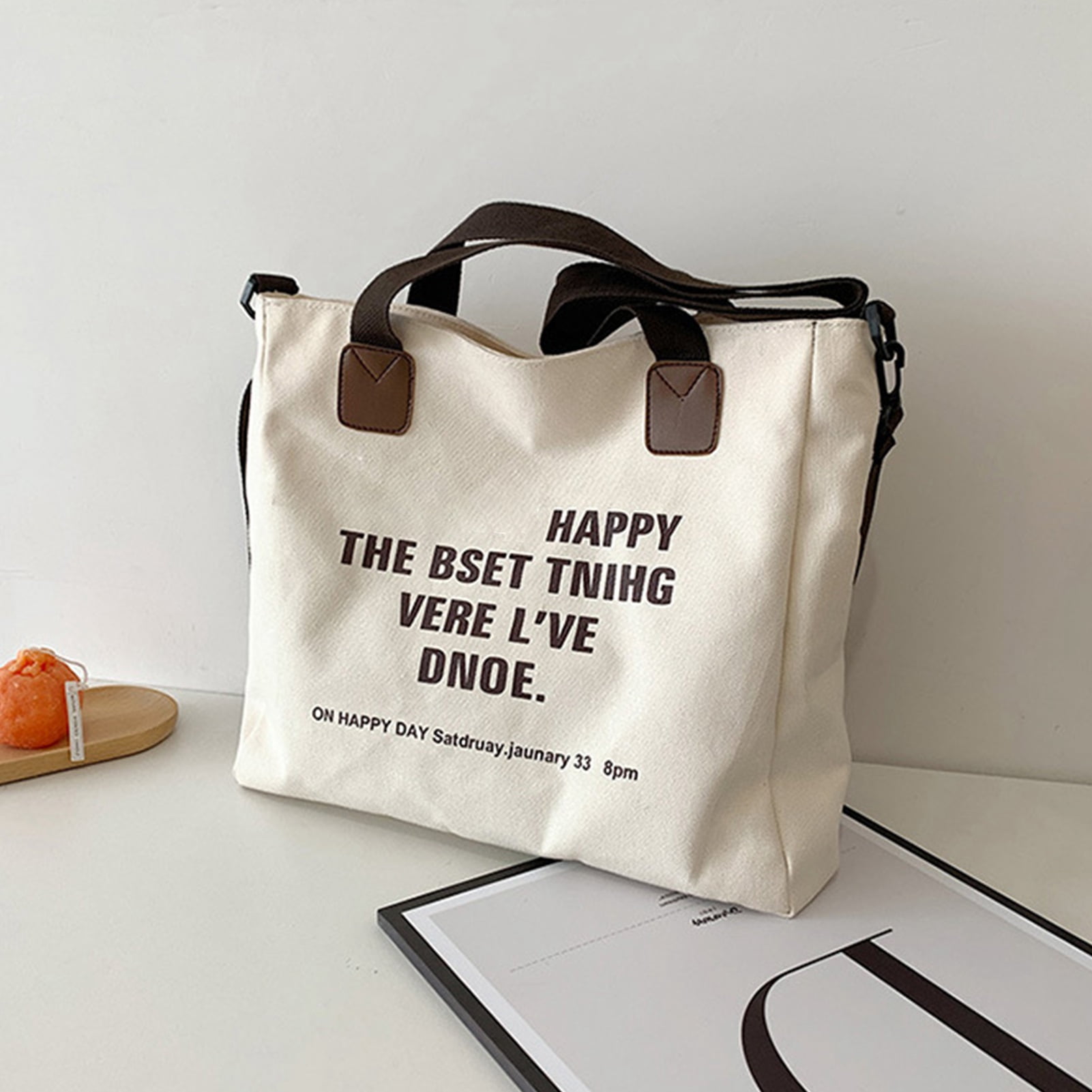 Simple Sac en Toile Femmes Grande Capacite Epaule Sac a Main Lettre d Impression Sac avec des Poches a Glissiere Blanc Taille Libre