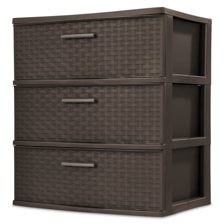 Sterilite 3 Drawer Wide Weave Tower, Plastic Décor Drawers with Pull Handles, Brown