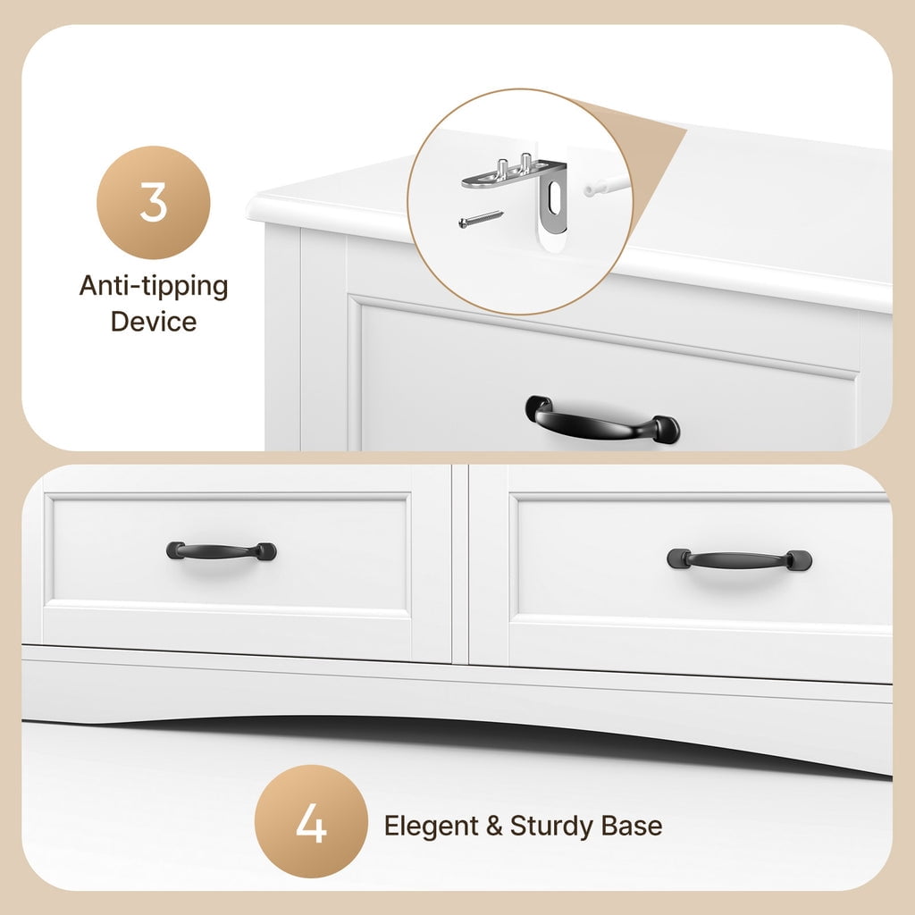 6 Drawer Dressers for Bedroom, Chest of Drawers with Deep Drawers, Large Double Dresser for Closet with Wide Top, Horizontal Wooden Dresser for Living Room, Hallway, Bedroom - White