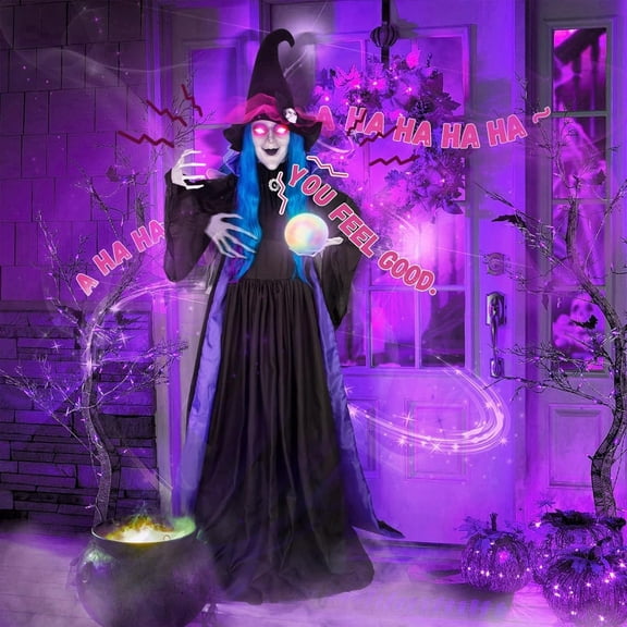 Sinkoo 72" Halloween Animatronic Standing Fortune Telling Witch with Light-Up Crystal Ball and Eyes, Talking, Moving Arms & Head for Haunted House Props Indoor Outdoor Lawn Yard Halloween Decorations