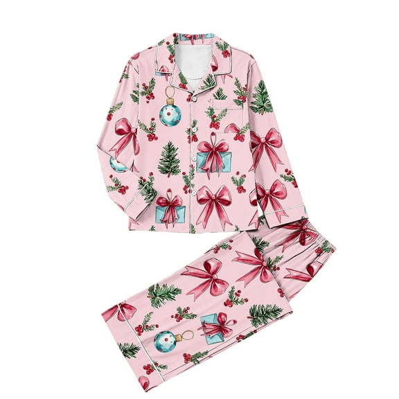 Dreluolixuan Christmas Womens Pajama Set Long Sleeve Collar Soft Top Wide Leg Elastic Waist Pants Bow Winter Cozy Sleepwear