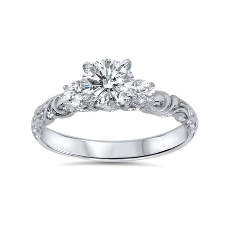 3/4 ct Vintage 3 Stone Art Deco Round Diamond Engagement Ring 14K White Gold