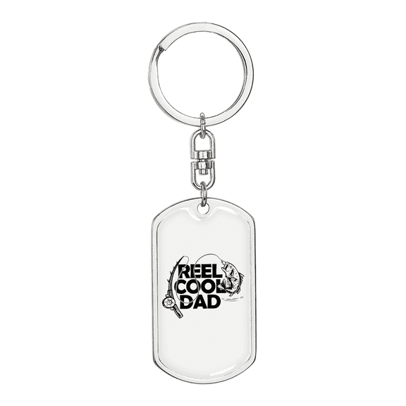 Reel Cool Dad Fish & Rod Fishing Stainless Steel or 18k Gold Premium Swivel Dog Tag Keychain