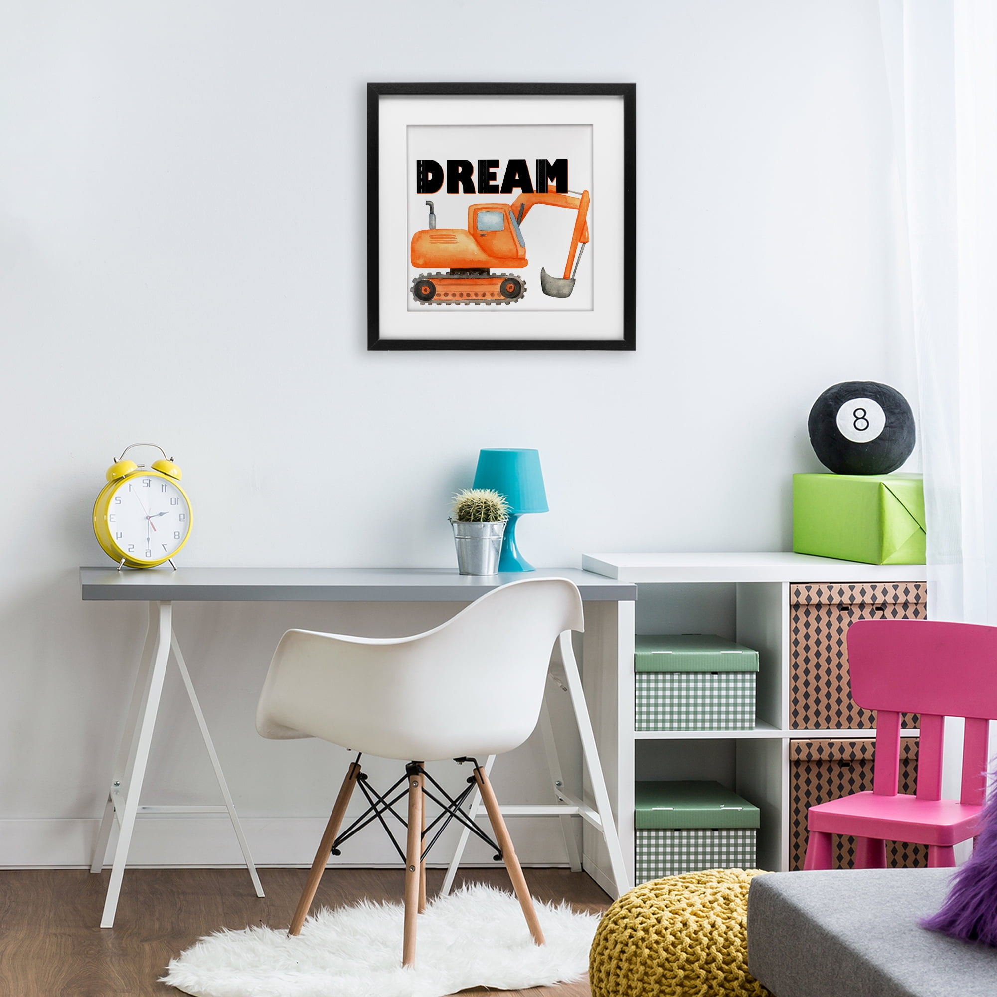 Dream with Orange Excavator Black Framed Print Under Glass, design by Kim Allen
