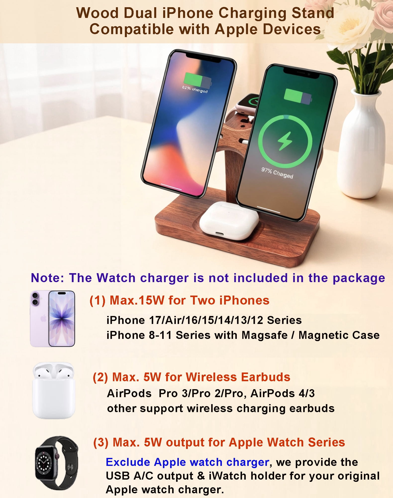 Dual Phone Charging Station for Apple Devices,Wood Magnetic Phone Charger Stand for Two iPhone 17 16 15 14 13 12 Mini Se,Wireless Charger Apple Charging Station for iWatch Series AirPod 4 3 2 Pro