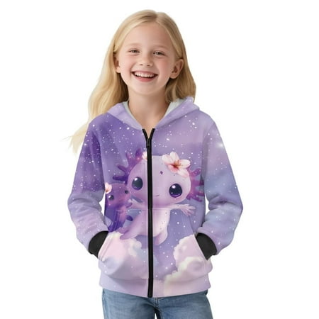 Psesaysky Zip Up Hoodies for Girls Purple Axolotl Printed Polyester Cozy Winter Jacket Sweatshirts Hooded for Toddler Kids Size L