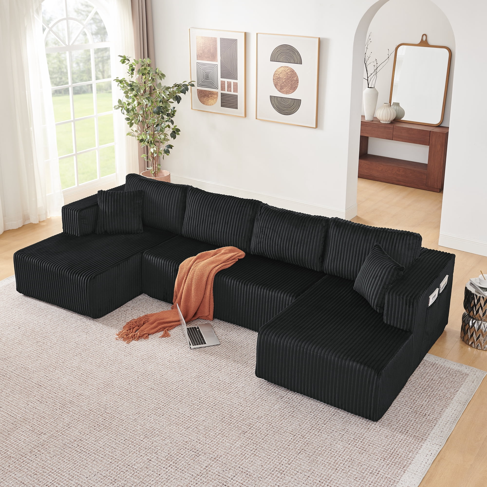 Leumius 132" U Shaped Modular Sectional Sofa,Modern Minimalist Corduroy Boneless Cloud Sofa with Double Chaise,Memory Foam Sectional Couch with Deep Seat for Living Room, No Assembly Required,Black