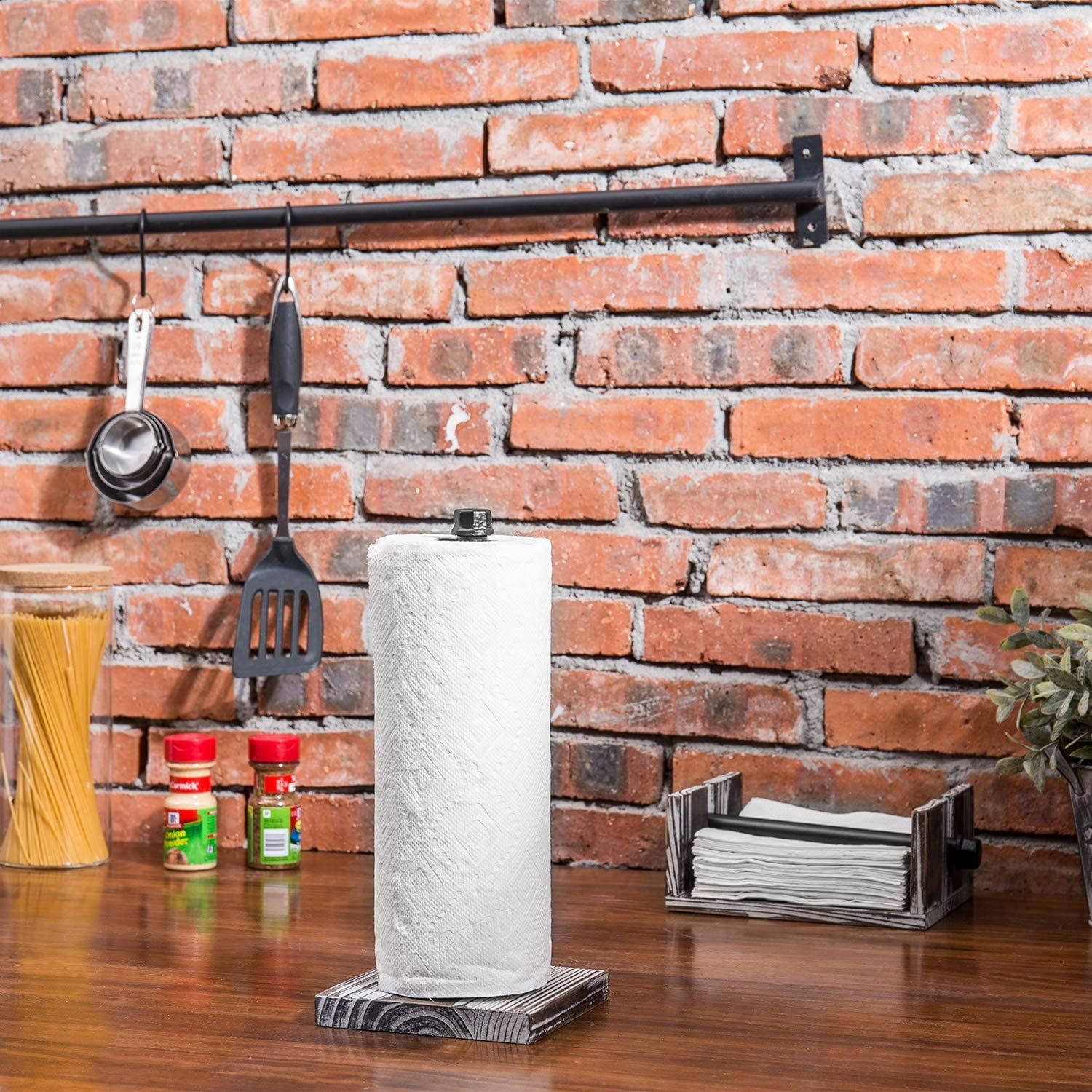 MyGift Wood and Metal Paper Towel and Napkin Holder Set, Industrial Kitchen Decorative Organizer