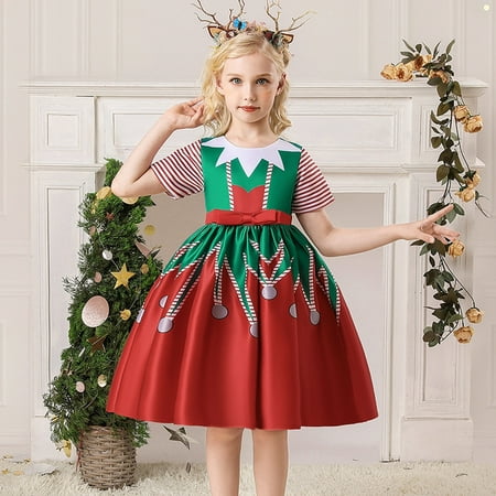 

SDJMa Toddler Girls Cute Christmas Stripe Print Bow Satin Cloth Birthday Party Gown Long Dresses