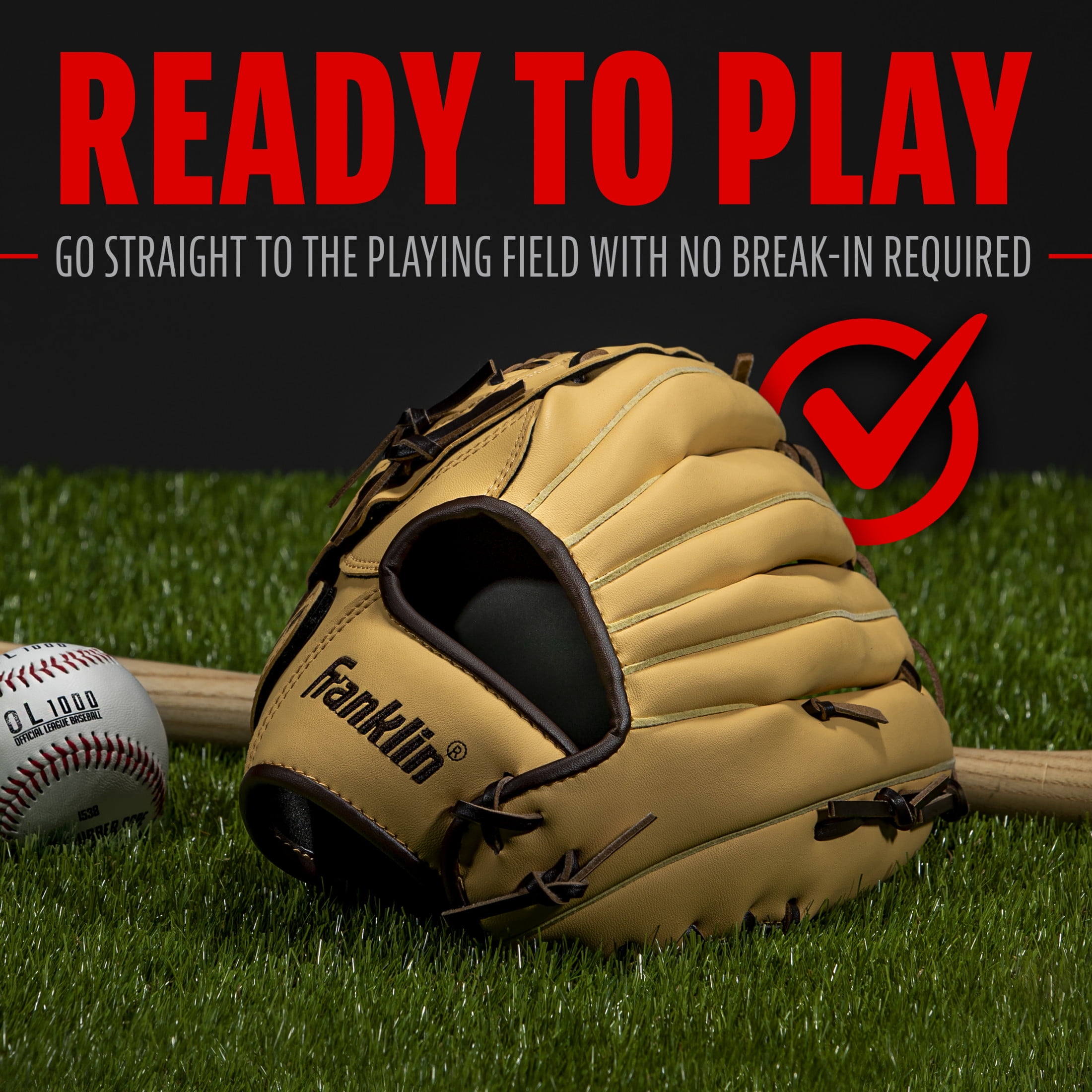 Franklin Sports Field Master Baseball + Softball Glove, 12 in, Camel Brown, Left Hand Throw