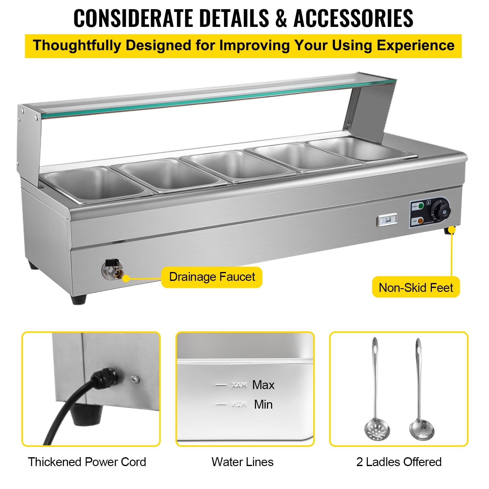 VEVORbrand 110V Bain Marie Food Warmer 5 Pan x 1/2 GN, Food Grade Stainelss  Steel Commercial Food Steam Table 6-Inch Deep, 1500W Electric Countertop Food  Warmer 55 Quart with Tempered Glass Shield - Walmart.com
