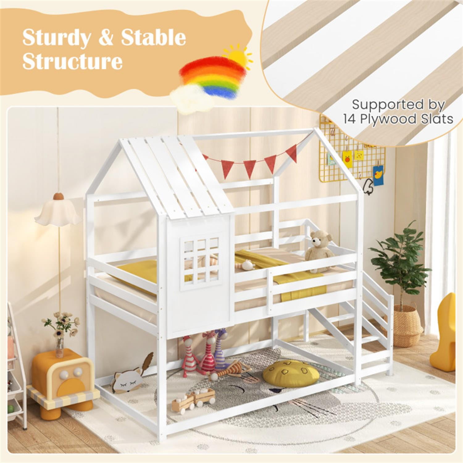 Demi Bonn Twin Over Twin Bunk Bed with Stairs and Roof, Twin Bunk Beds, Space-saving Solid Wood House Bed Frame, White