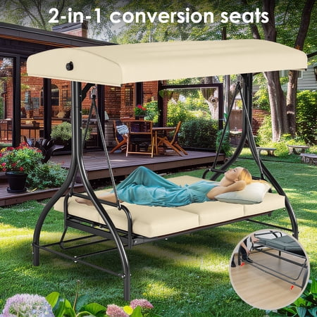 Condition photo showing New/Like New for arlopu 3 person porch swing outdoor converting canopy swing glider with canopy