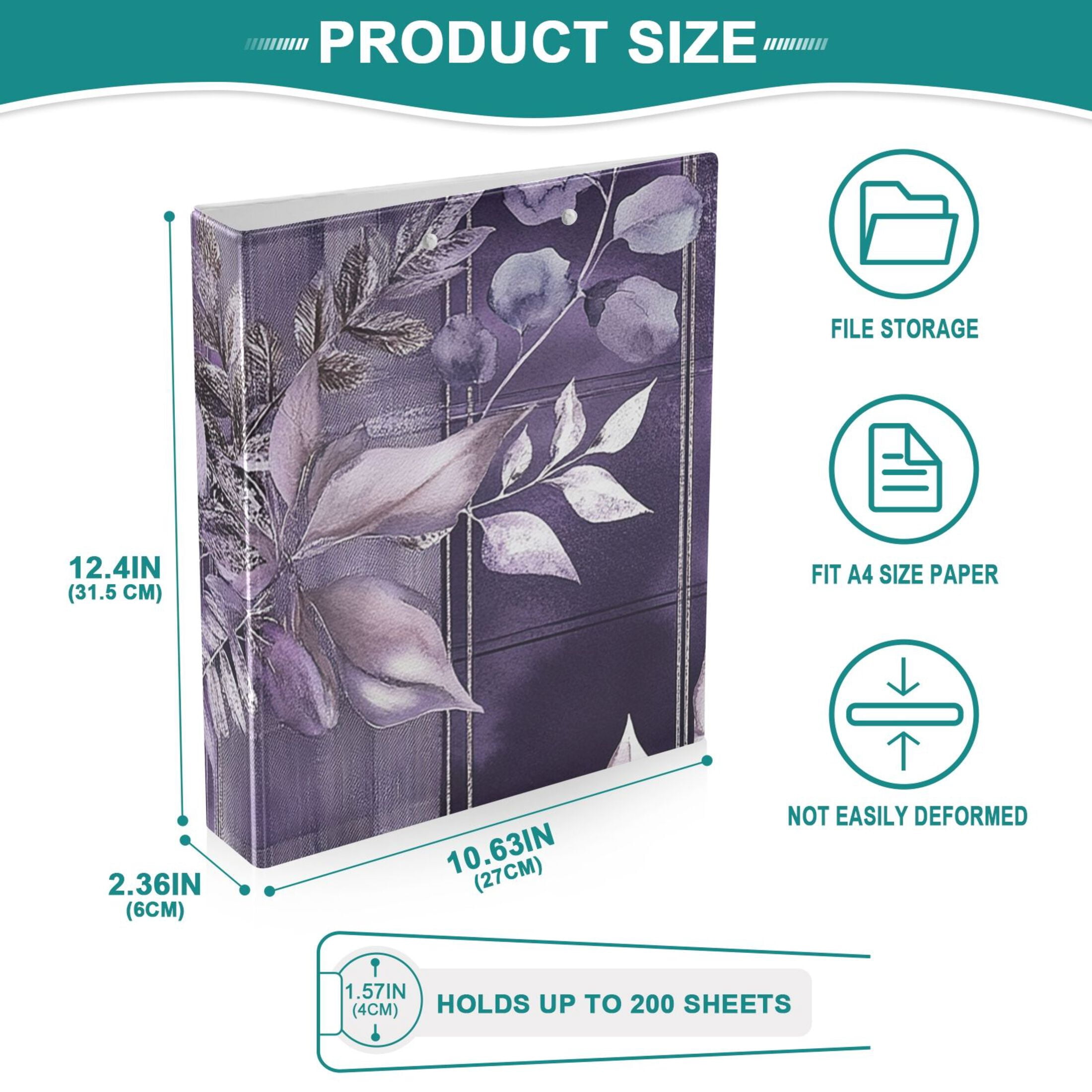Purple Winter Leaves Branches 3 Ring Binders 1.5 inch Hardcover File Folders with Interior Pockets A4 Size Organizer for School Office Hospital