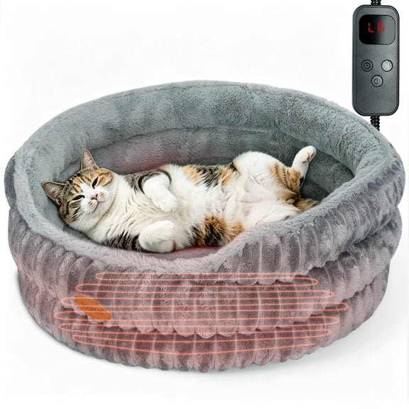 Heated Cat Bed for Indoor Cats and Small Dogs, 20’’ Round Donut Fluffy Cat Beds, Washable Deep Sleep Calming Pet Bed Kitten Bed