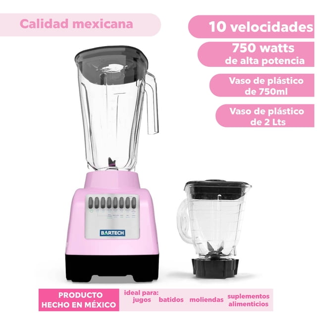Licuadora Bartech 750W Vaso Grande 2L + Vaso 750ml 10 Velocidades Rosa