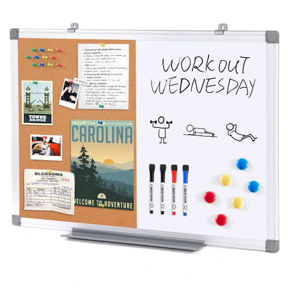 Tableau en Liège et Tableau Effaçable à Sec Combo Tableau d'Affichage Combinaison Tableau Blanc Magnétique Épingle Tableau d'Avis pour Maison Bureau École avec 4 Effaceurs à Sec+6