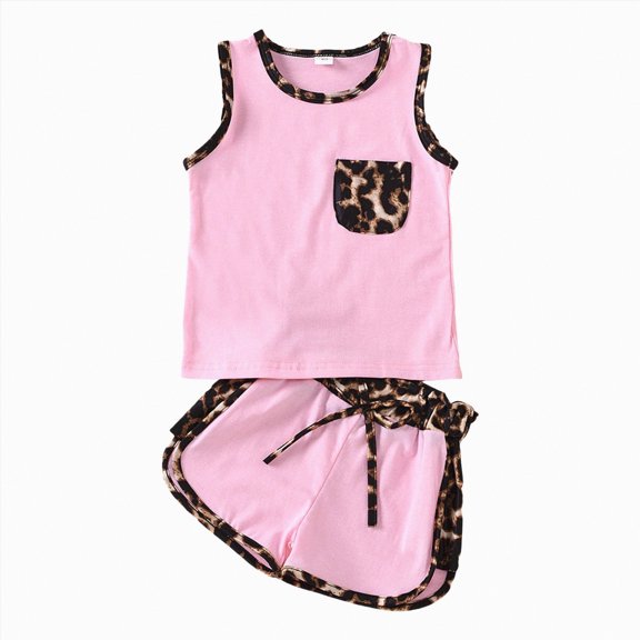 mgoYE Toddler Infant Baby Girls Summer Outfits Leopard Print Sleeveless Pocket T-Shirt Tops Pants Clothes Sets(Pink,4-5 Years)