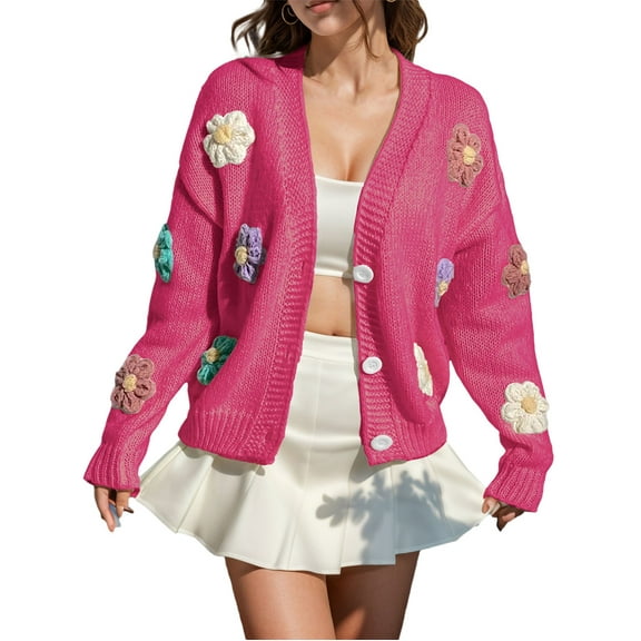 Womens Long Sleeve Tops Ribbed Knit Cardigans Embroidery Applique Button Up Sweater Coat Winter Clothing For Women