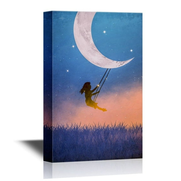 wall26 - Canvas Wall Art - Girl on The Swing Against a Moon - Gallery Wrap Modern Home Art | Ready to Hang - 16x24 inches