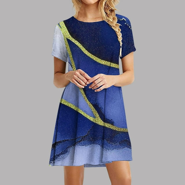 Liquidation d'Été Iumwxz Robe à Col Rond à Manches Courtes pour Femmes Tendance Ligne A Décontractée Plissée Robe Courte Robes à Imprimé Rayé Robes d'Été Décontractées pour Femmes Robe Confortable pour la Saint-Valentin