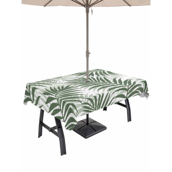 60x84 Inch Outdoor Tablecloth with Umbrella Hole Zipper Rectangle Green Palm Leaves Rectangular Tablecloths Waterproof Summer Botanical Tropical Plants Patio Table Cloth Cover for Picnic Party