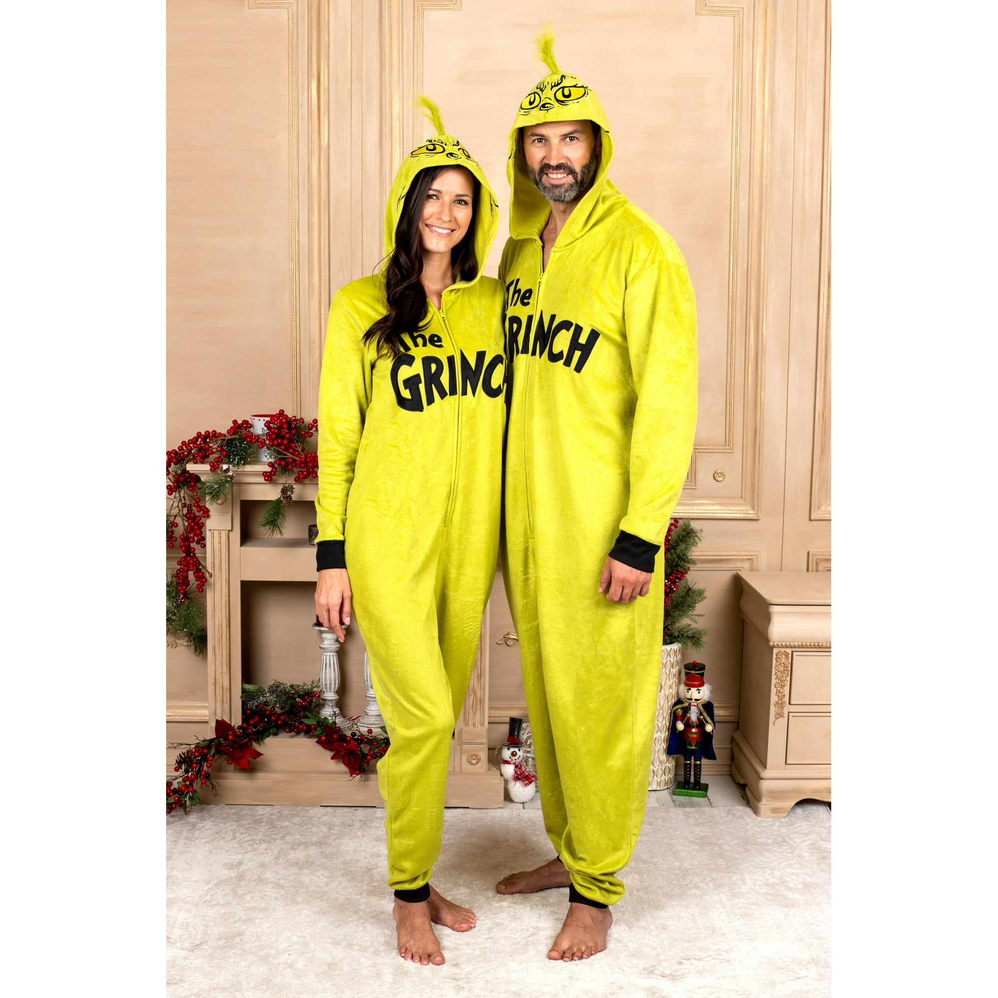Dr. Seuss Grinch Fleece Onesie Pajamas Matching Family Adult Kids Hooded Costume