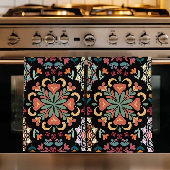 Black Boho Kitchen Towels Set of 1, Ethnic Country Colorful Abstract Floral Motifs Absorbent Dish Towels for Kitchen, Microfiber Hand Towel, Quick Drying Tea Towel for Cleaning Decorative Dishcloths