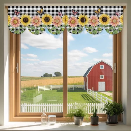 Vintage Floral Door Banner Yellow Pink Sunflower Butterflies Black Plaid Small Scalloped Hanging Banner for Door Hanging Flag Backdrop Decoration for Wall Window Party 3pcs 8 x 12 Inch