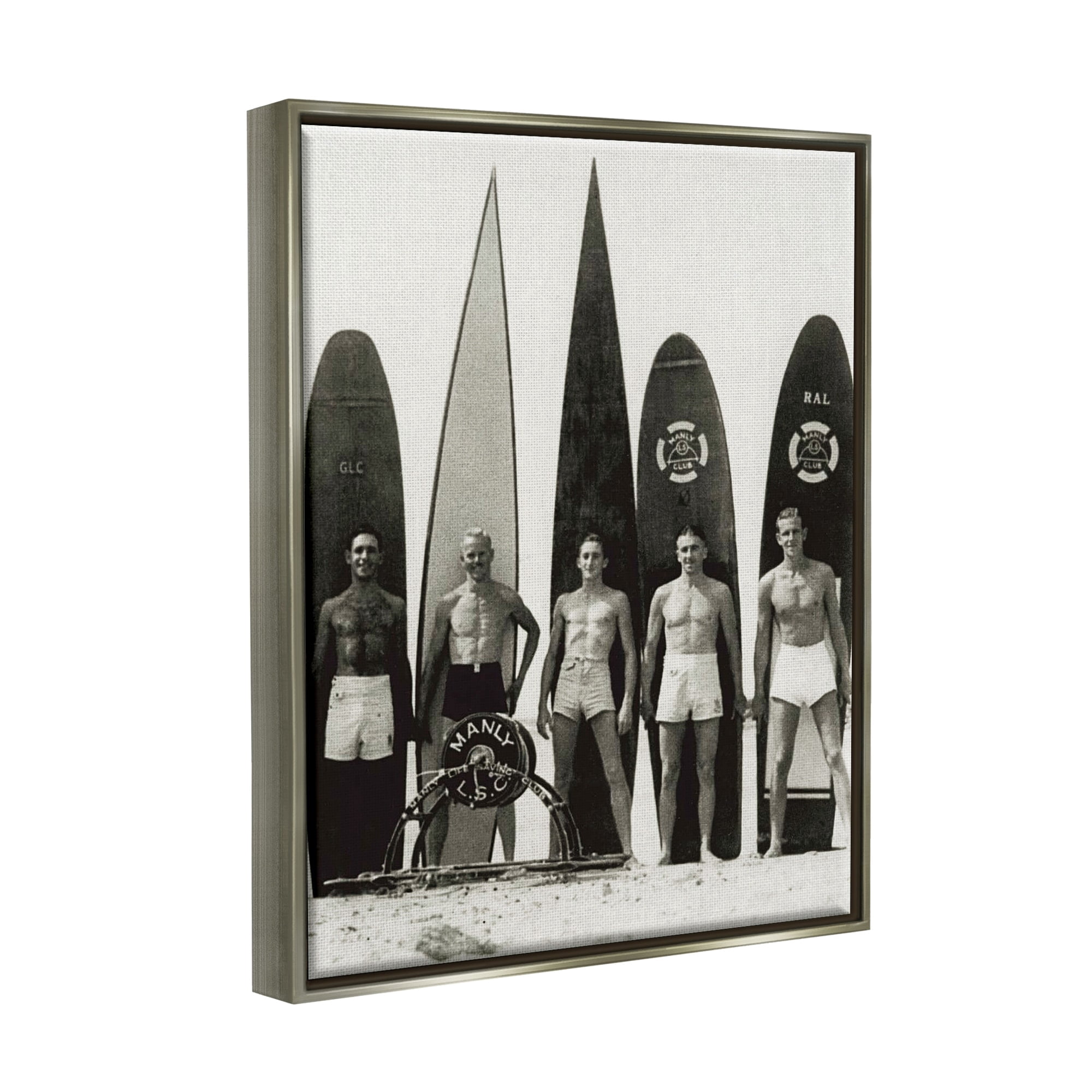 Stupell Industries Vintage Photography Men Surfer Surfboards Beach Sport Photograph Luster Gray Floating Framed Canvas Print Wall Art, Design by Graffitee Studios