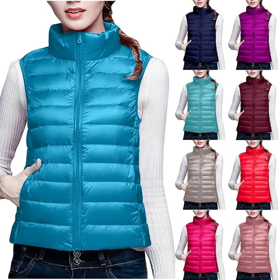 Yeglea Women's Quilted Puffer Vest Full Zip Stand Collar Side Pockets Lightweight Padded Sleeveless Outerwear Vests for Work Layering Fall Blue,L
