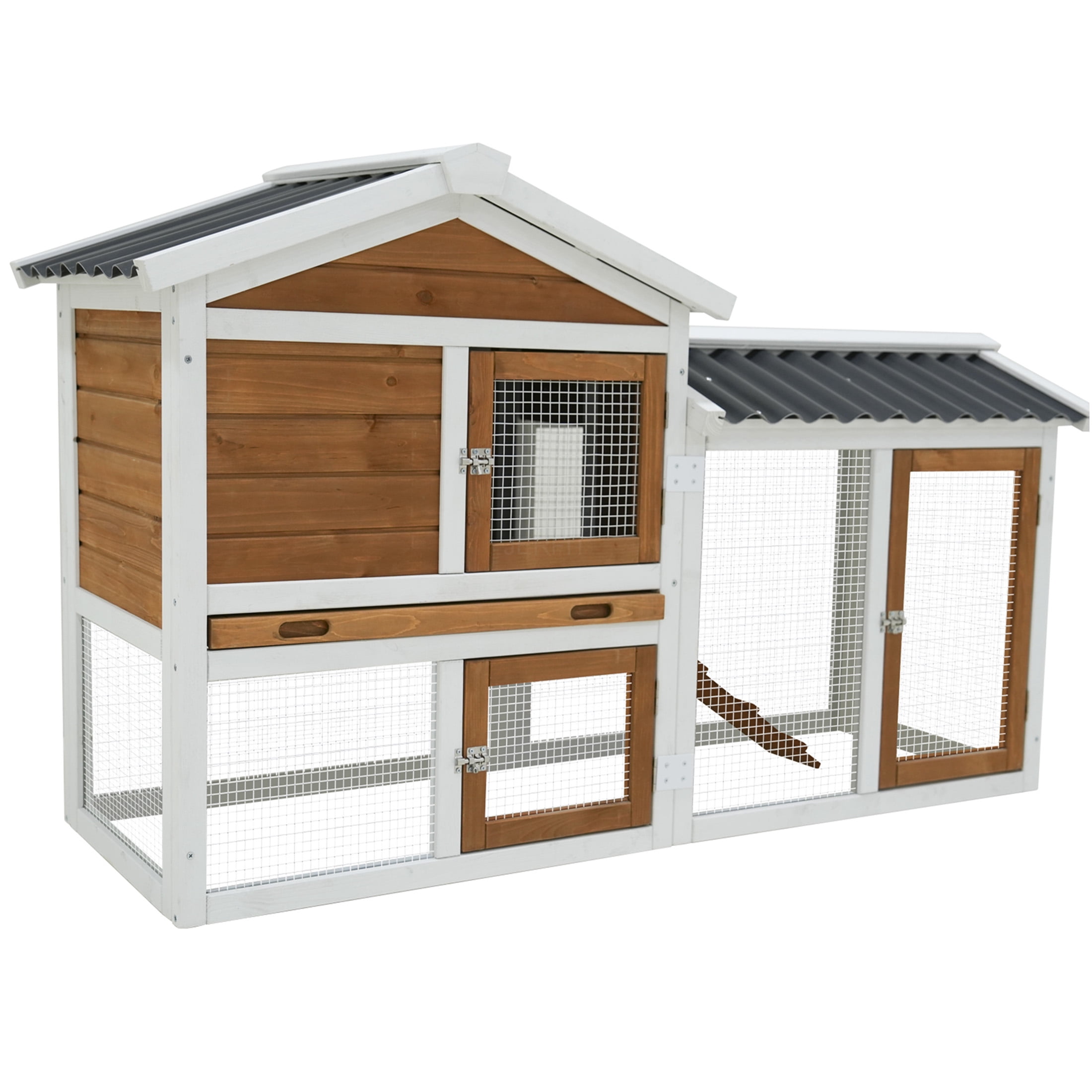 JERFIT 58 Inch Large Wooden Rabbit Hutch with Waterproof Roof, Outdoor Bunny Cage with Ramp & Pull-Out Tray for Rabbits, Guinea Pigs, Small Pets