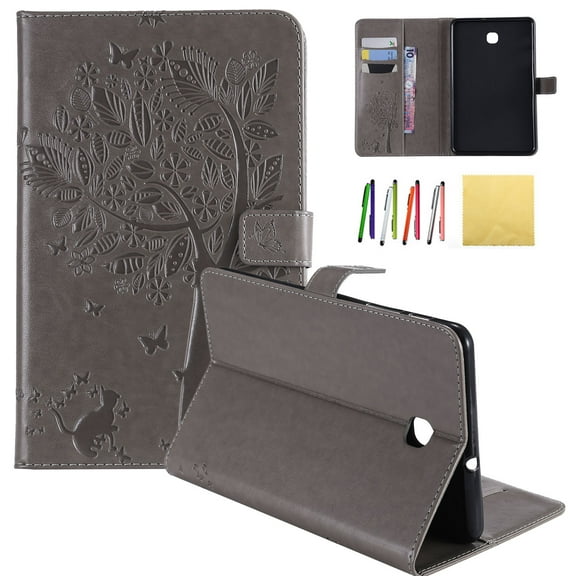 Galaxy Tab A 8.0 2018 Case, Allytech Embossed Cat & Tree PU Leather Stand Folio Wallet Case Cover with Credit Card Slots for Samsung Galaxy Tab A 8.0 (Model: SM-T387), Gray
