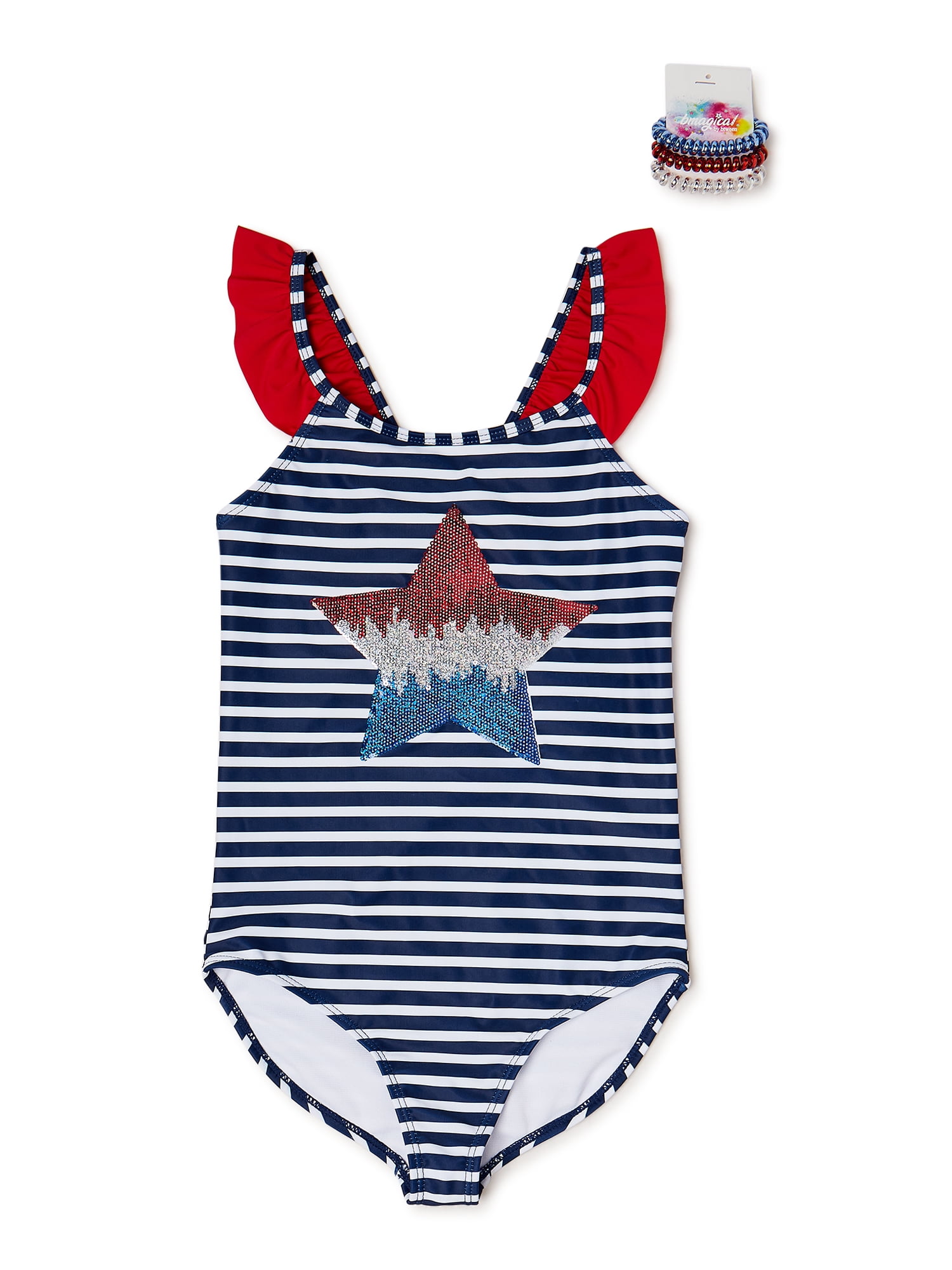Bmagical Girls One Piece Americana Swimsuit W Trio Hair Bands, Sizes 7-12