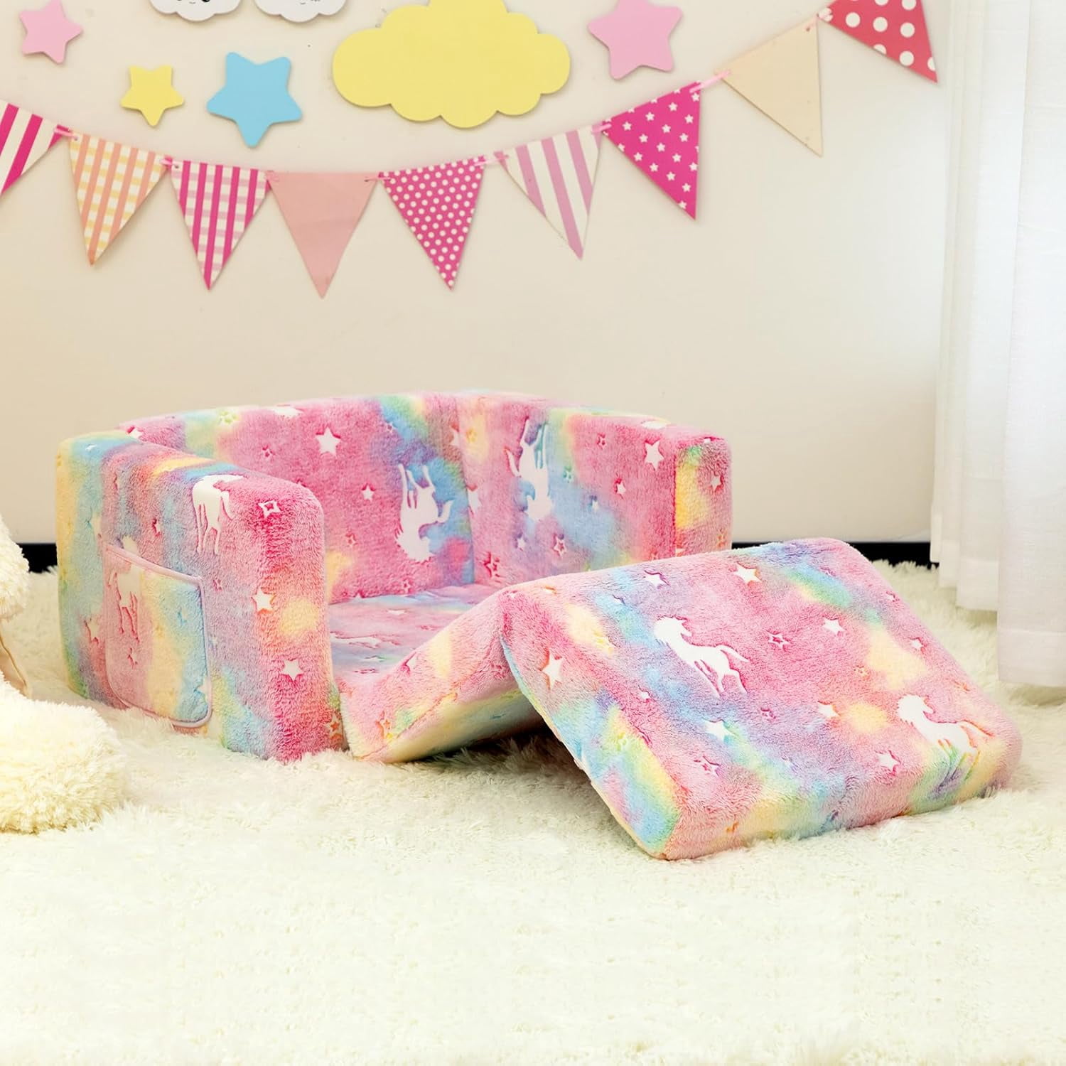 Toddler Couch, Toddler Chair Folding, Kids Couch 2 in 1 Kids Sofa Glow in The Dark Couch, Gifts Sleeper for Girls Boys - Pink Unicorn