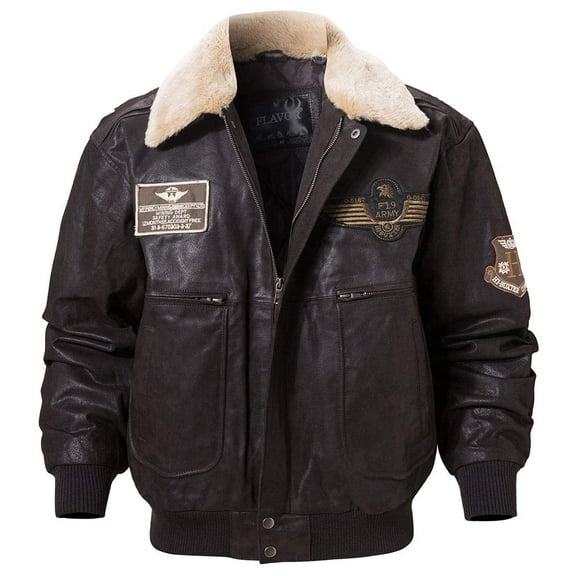 FLAVOR Men's Real Leather Bomber Jacket with Removable Collar Aviator (M, Dark Brown)