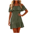 thumbnail image 3 of Ahabrexf Off Shoulder Summer Dresses for Women, Ruffle Border Linen Look Solid Color Mini Sundress, Casual Flowy Short Dress for Beach Vacation Daily Wear, 3 of 7