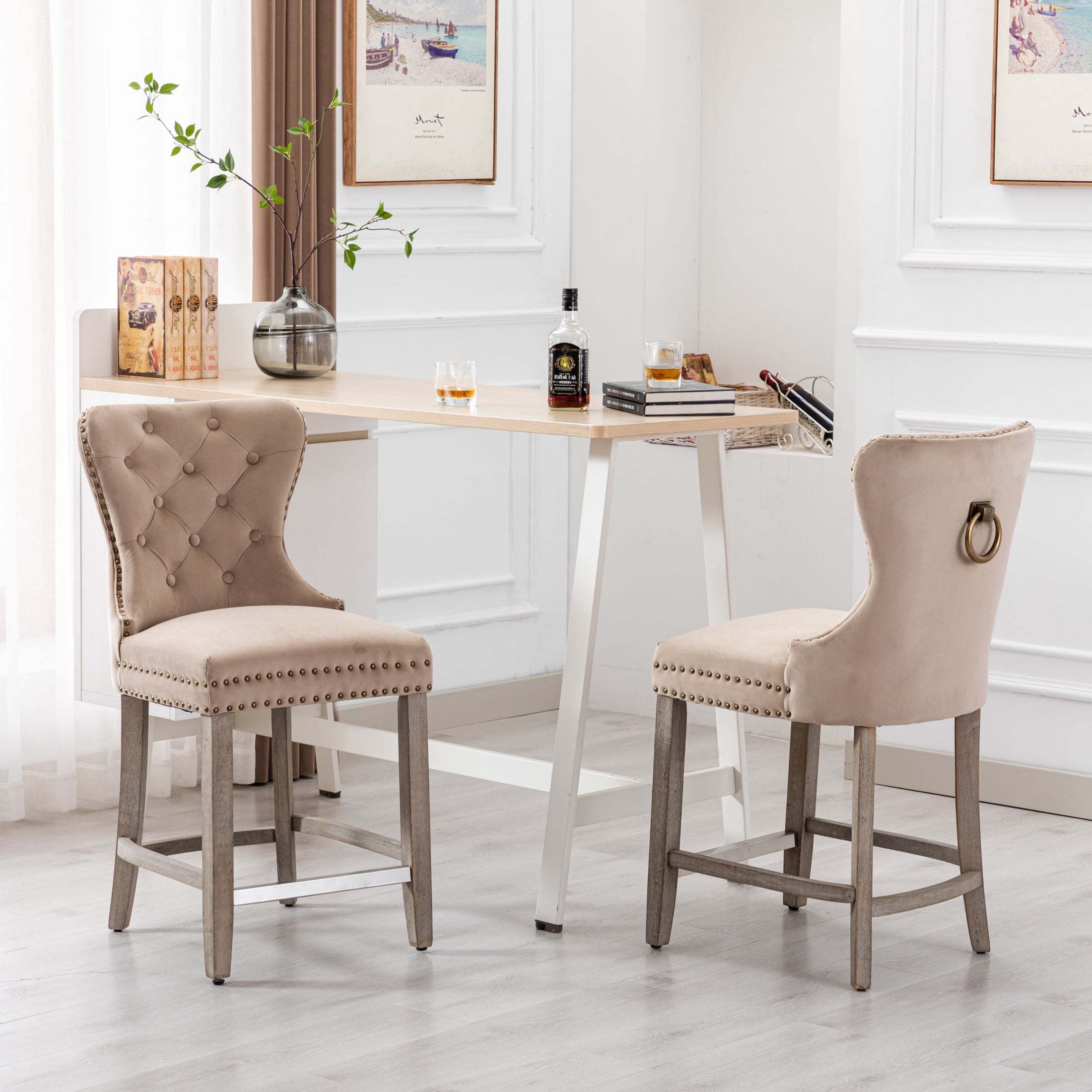 Westin Outdoor 24" Tufted Velvet Bar Stool (Set of 2), Antique Gray/Velvet Taupe