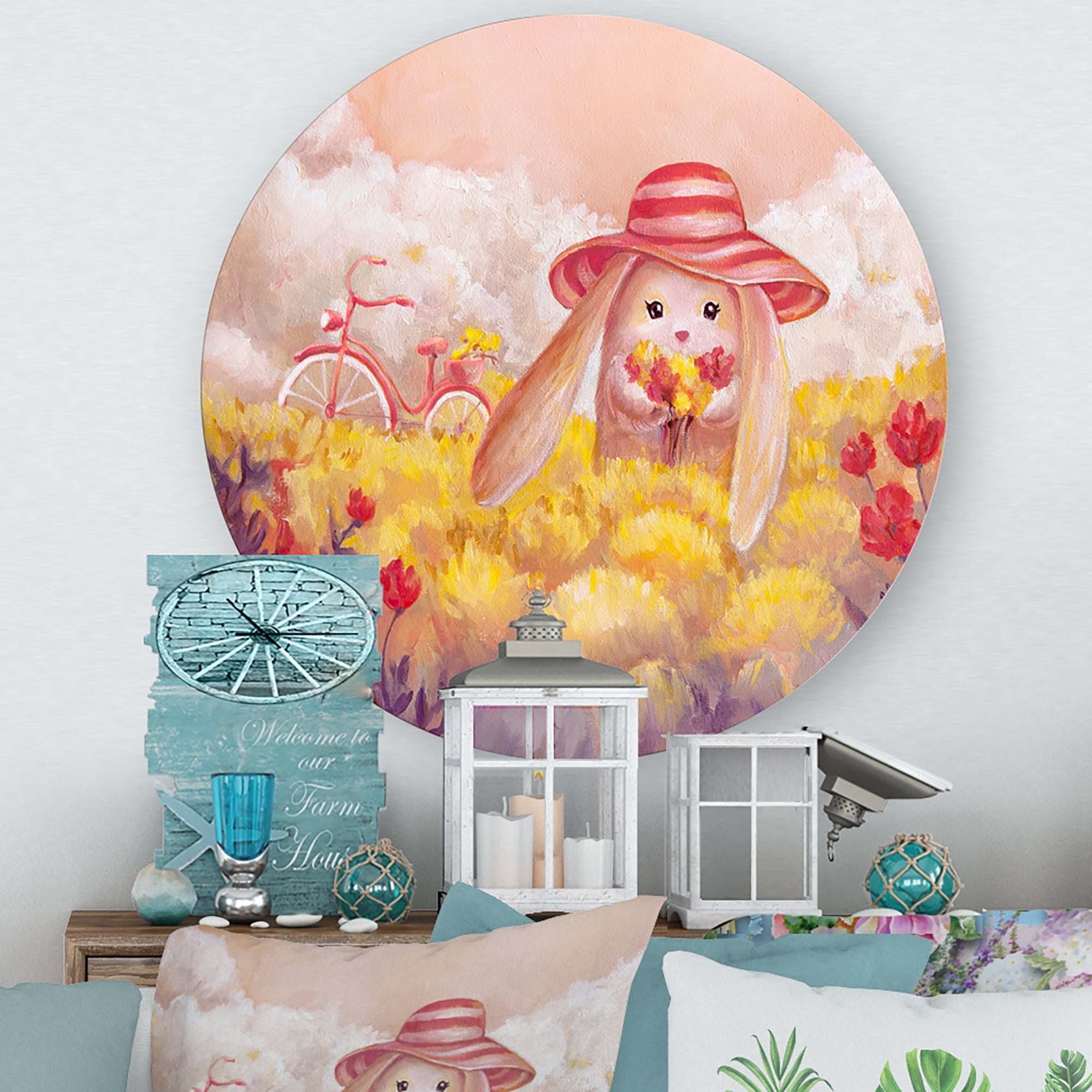 Designart 'Little Bunny With Yellow Flowers' Traditional Circle Metal Wall Art 11x11 - Disc of 11