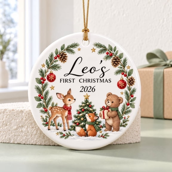 First Christmas Woodland Creatures Ceramic Ornament Personalized Keepsake Decoration for Christmas