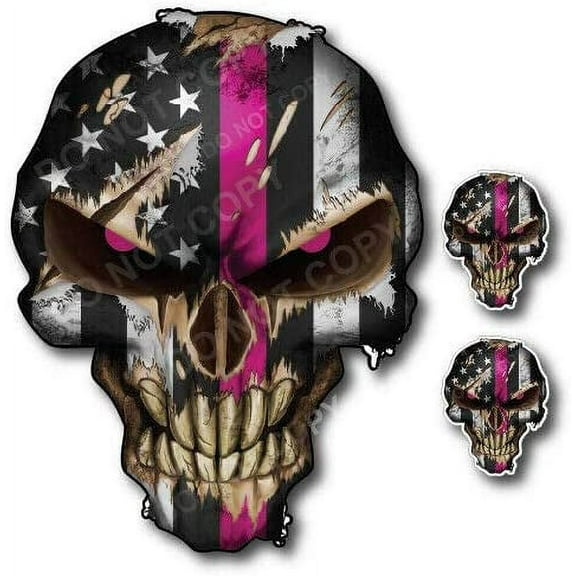 3X Thin Pink Line Skull with Reflective Eyes Breast Cancer Survivor Window Sticker Vinyl Decal Flag