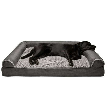 UPC: 0842229126297 | FurHaven Pet Products Luxe Fur & Performance Linen Orthopedic Sofa-Style Pet Bed for Dogs & Cats – Charcoal Jumbo Plus