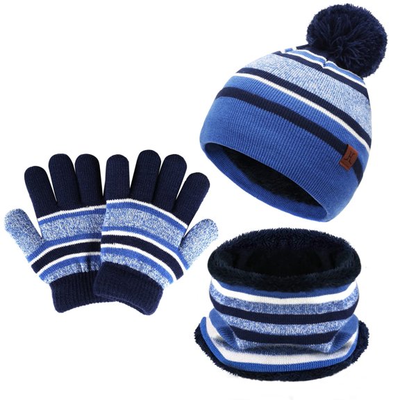 FZ FANTASTIC ZONE Kids Winter Knit Warm Pompom Beanie Hat Cap Neck Scarf Gloves Set for Boys Girls,Blue