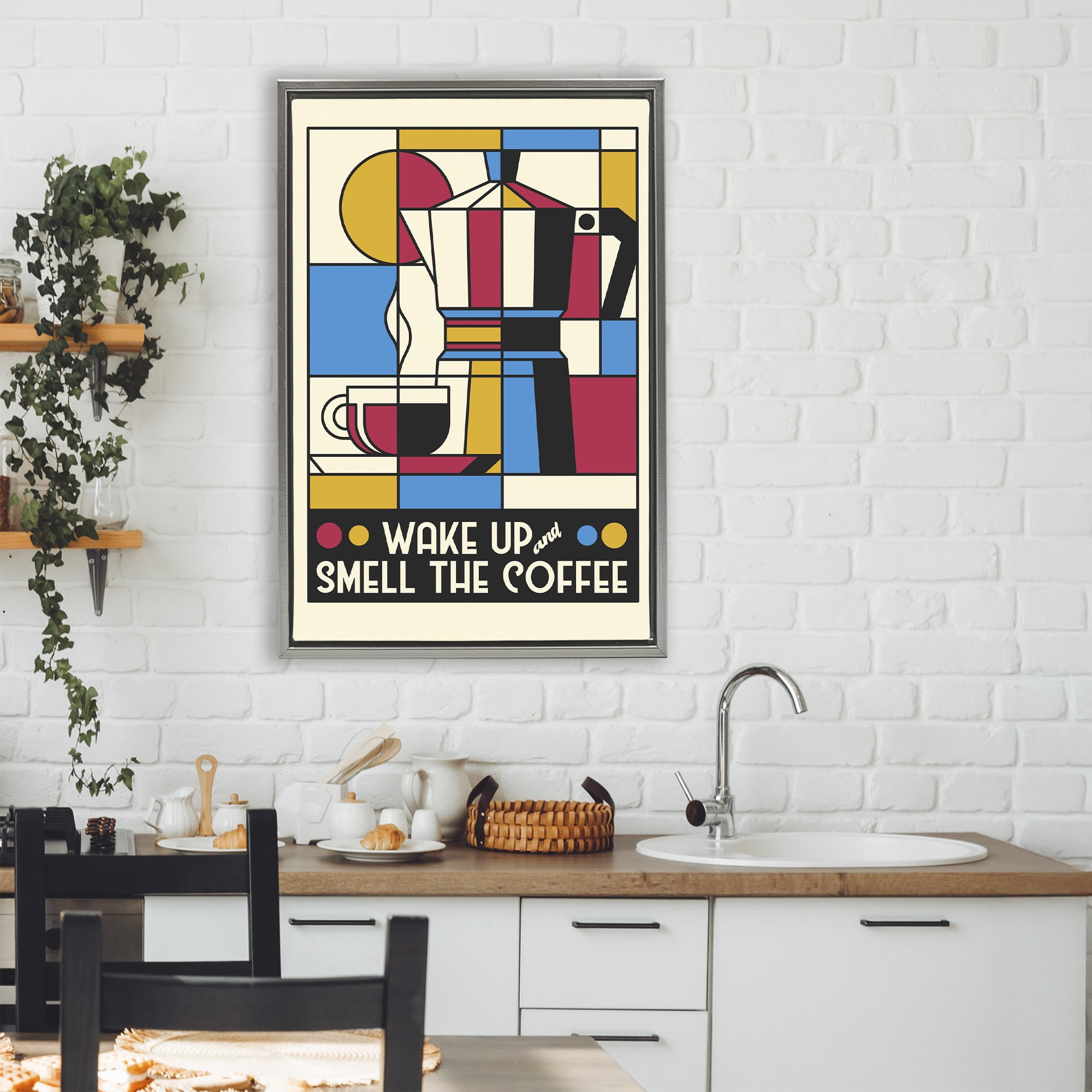 Stupell Industries Retro Wake Up & Smell Coffee Gray Framed Floater Canvas Wall Art, design by Tobe Fonseca