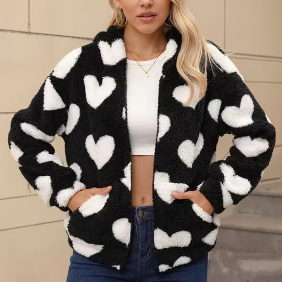 BiZtdJrK Cute Hoodie Jackets for Women Heart Print Fuzzy Fleece Long Sleeve Sweatshirt Jacket Zip Up Fashion Fall Winter Hoodie Outerwear with Pockets Black M