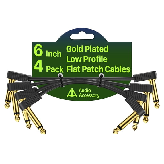 Guitar Patch Cables 6 Inch 4 Pack, Gold-Plated Flat Ribbon Guitar Pedal Cables, Ultra Compact Kevlar Reinforced 1/4 Pedal Board Cable, 100% OFC Shielded, Maximize Pedalboard Space